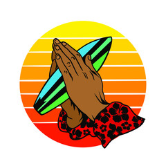 Clipart illustration praying for the waves. Hands of a praying person. He holds a surfboard in his hands.