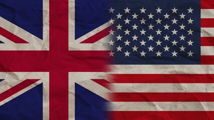 United States of America and United Kingdom Flags Together, Crumpled Paper Effect Background 3D Illustration