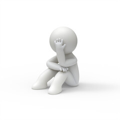 A sad 3d man sitting on the groud and touching his head.
