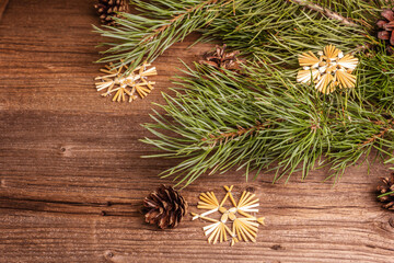 Christmas festive old wooden background. Zero waste Christmas decor concept