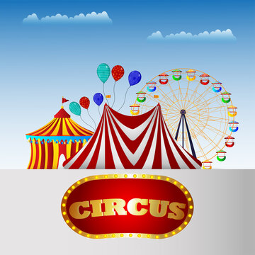 Circus event with creative circus tent house with funfair background