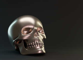 Golden human skull on black background. Design element for Halloween greeting card template. 3d render