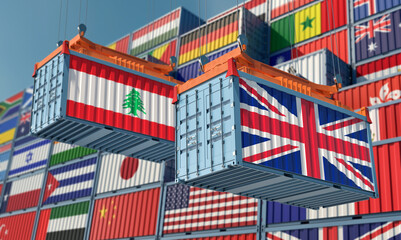 Freight containers with United Kingdom and Lebanon flag. 3D Rendering 