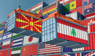 Freight containers with North Macedonia and Lebanon flag. 3D Rendering 