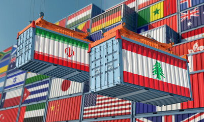 Freight containers with Iran and Lebanon flag. 3D Rendering 