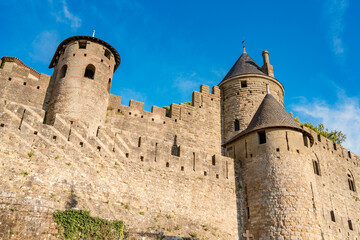 Fototapeta na wymiar Low angle view of La Cité Médiévale de Carcassonne in France. UNESCO World Heritage Site. 