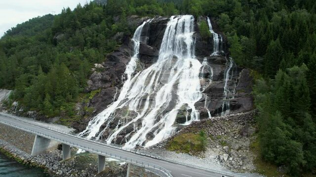 Furebergfossen Waterfall in the Norway Vestland County. Scenic Summer Landscape.