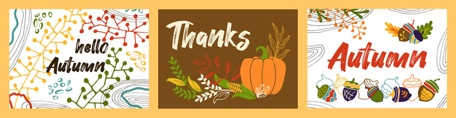 Cards Hello Autumn, Thank. Seasonal concept banner with quote. Vector hand drawn illustration.