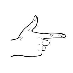 Hand and forefinger showing direction, black on white background, sign for design, vector illustration