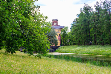 Fototapeta premium Tower-ruin in Catherine park at Tsarskoye Selo in Pushkin, Russia