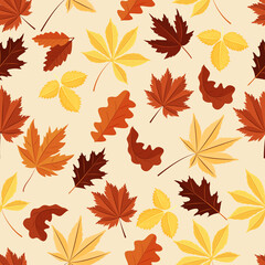 Vector seamless pattern with autumn leaves in orange, red, brown and yellow colors. Ideal for wallpaper, gift paper, fill drawings, web page backgrounds, autumn greeting cards.