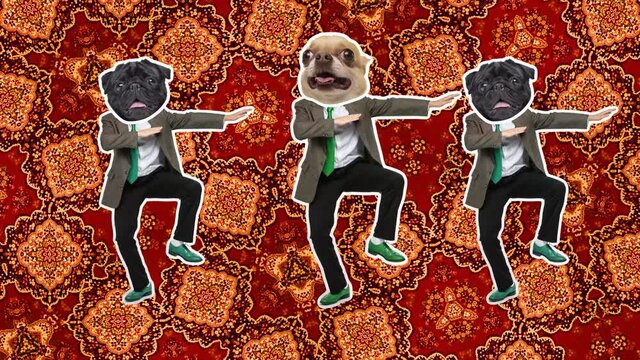 4K Minimal animation motion design. Funny dog face on dancing man. Pop and dance mood. Businessman in stop motion, 2D, modern, conceptual, contemporary pop art collage. Party, business, concept