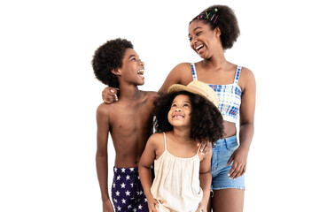 Fototapeta premium A portrait of an African American family embracing each other happily. A group of cheerful and cute girls and boys. isolated on white background