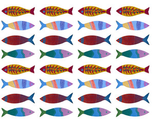 sorted colourful painted fish models isolated.