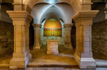 Underground Virgin Mary crypt chapel beneath Benedictine Dormition Abbey on Mount Zion, near Zion...