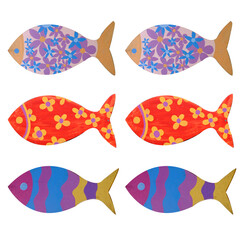 colourful painted fish models isolated.