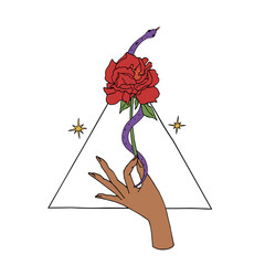 Vintage Mystic hand holding rose with a snake coiled around the flower with triangle on background Illustration