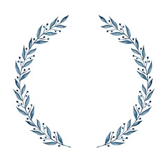 Laurel wreath on white. Wreath for wedding invitation, winter card. Watercolor hand drawn blue branch elements border. Isolated clipart element on white background