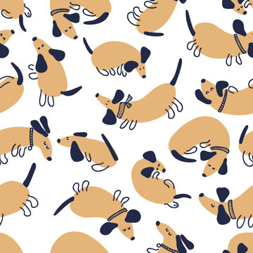 Hand drawn vector seamless pattern of playing dachshunds. Perfect for scrapbooking, greeting card, poster, textile and prints. Doodle style illustration for decor and design.
