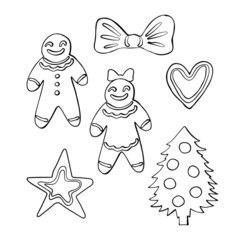 Set of monochrome black and white Christmas gingerbread man cookies isolated on white background