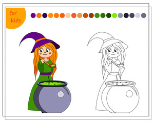 coloring book for children by colors, cartoon witch cooks a potion in a cauldron, halloween. vector isolated on a white background