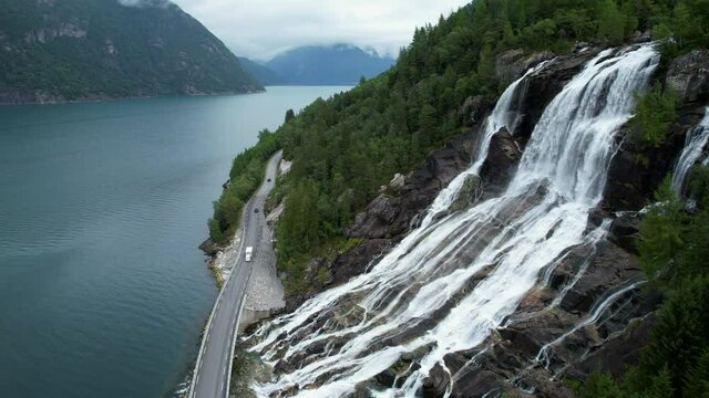 Norway Vestland County Furebergfossen Waterfall.