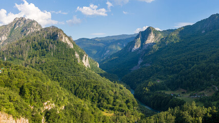 Landscape of rocky mountains along Tara canyon in Montenegro on summer day.