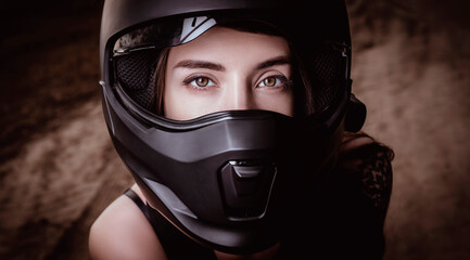Portrait of a young beautiful girl in a black motorcycle helmet. Motor sport concept
