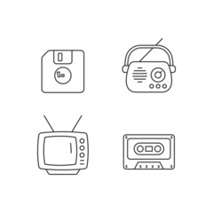 Collectible vintage stuff linear icons set. Floppy disk. Antique radio. TV model. Tape cassette. Customizable thin line contour symbols. Isolated vector outline illustrations. Editable stroke