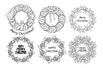 Monochrome Line Art Christmas Wreaths clipart set, decorated spruce branches. Isolated on white background