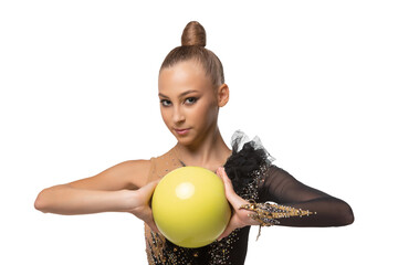 Close-up portrait of young rhythmic gymnastics artist in stage costume isolated on white studio...