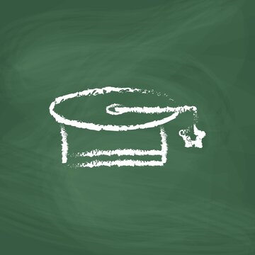 Graduation Cap Line Icon Design White Chalk. Draw A Picture On The Blackboard.