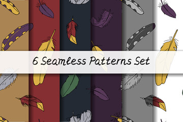 Seamless patterns set with hand drawn doodle boho feathers. Bohemian textures collection. On different backgrounds.