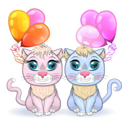 Fototapeta premium Cute cartoon pink cat, a kitten on a background of flowers holds balls with its tail.
