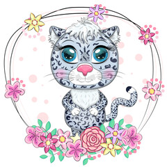 Cartoon snow leopard with expressive eyes among flowers, hearts, decorative elements. Wild animals, character, childish cute style.