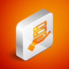 Isometric Server, Data, Web Hosting icon isolated on orange background. Silver square button. Vector Illustration