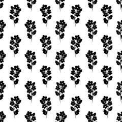 Seamless pattern with black flower sprigs. flat blossoms on white background. Vector floral wallpaper.
