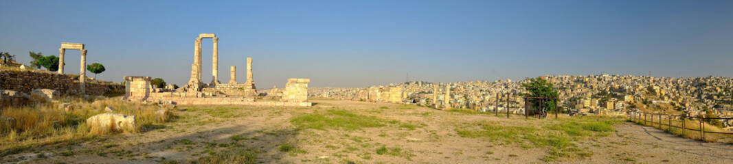 Panorama of ruins of the Citadel under the blue sky in Jordan, Amman