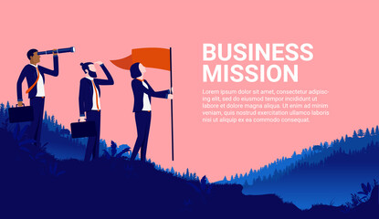 Business mission - Three business people standing on top of hill looking for opportunities and success. Vector illustration with copy space for text. - obrazy, fototapety, plakaty