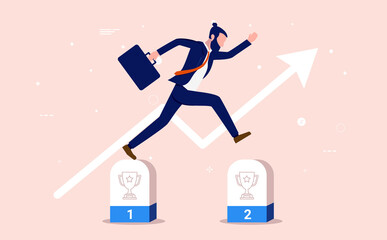 Business milestones - Businessman jumping on milestone with arrow pointing upwards. Vector illustration