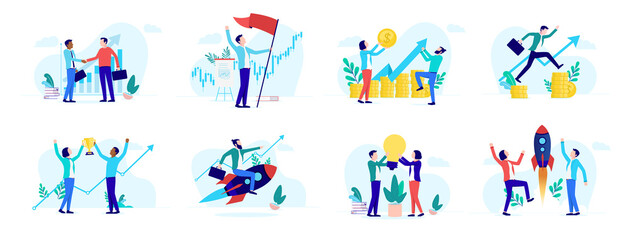 Success illustration collection - Set of businesspeople being successful, winning, making money and growing a business. Vector format, on white background