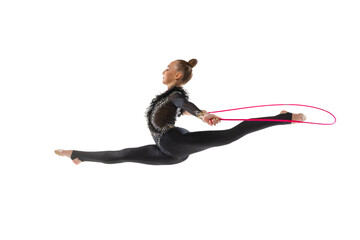 One Caucasian girl, rhythmic gymnastics artist isolated on white studio background. Concept of...