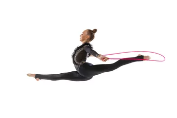 Fotobehang One Caucasian girl, rhythmic gymnastics artist isolated on white studio background. Concept of sport, action, aspiration, education, active lifestyle © master1305