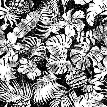 Tropical flower leaf pineapple patchwork vintage vector seamless pattern in black and white