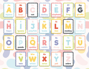 Set of 26 printable colourful educational flashcards for English alphabet.