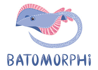 Stingray sails among the fish on a white background. illustration on a sea theme in a cartoon childlike style.