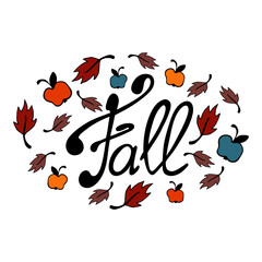 Fall doodle illustration with colorful decor. Lettering.