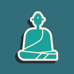 Green Buddhist monk in robes sitting in meditation icon isolated on green background. Long shadow style. Vector Illustration