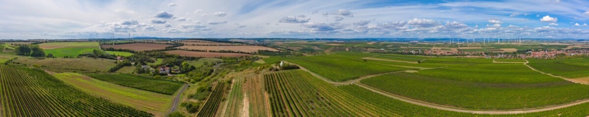 Aerial panorama of the vineyards near Flonheim / Germany in Rheinhessen with the Trullo on the Adelberg 