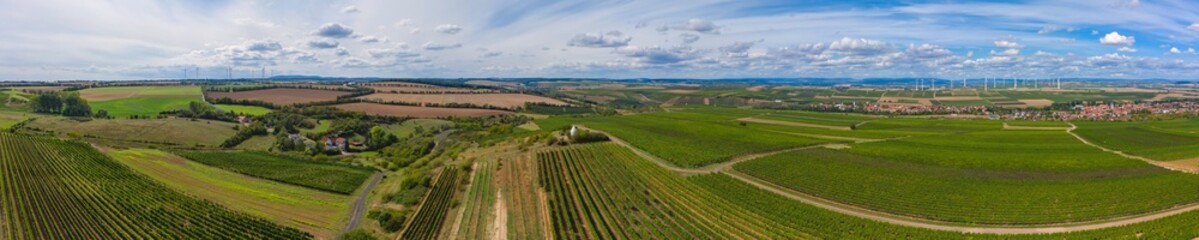 Aerial panorama of the vineyards near Flonheim / Germany in Rheinhessen with the Trullo on the...